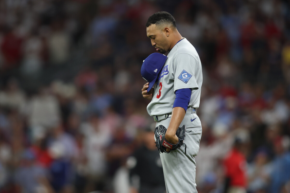 Oct 6, 2026; Cumberland, Georgia, USA; Los Angeles Dodgers pitcher Edwin Diaz (3) stands on the mound prior to pitching against the Atlanta Braves during the ninth inning at Truist Park. Mandatory Credit: Brett Davis-Imagn Images