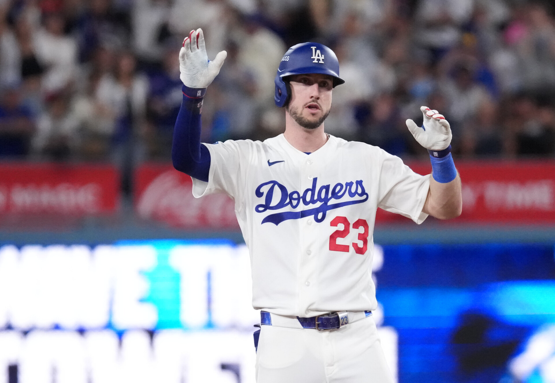 Oct 15, 2026; Los Angeles, California, USA; Los Angeles Dodgers outfielder Kyle Tucker (23) reacts after a double during the fifth inning against the Milwaukee Brewers in game four of the NLCS for the 2026 MLB Playoffs at Uniqlo Field at Dodger Stadium. Mandatory Credit: Kirby Lee-Imagn Images