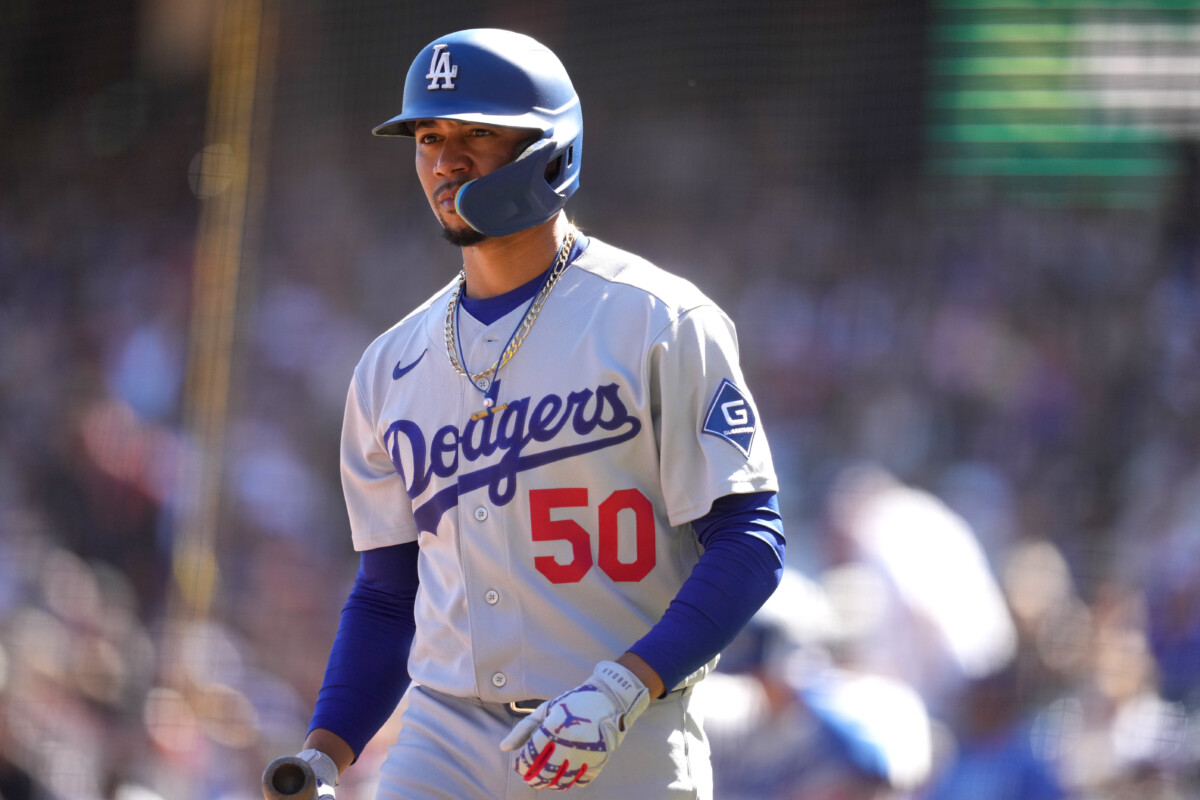 Sep 26, 2026; San Francisco, California, USA; Los Angeles Dodgers shortstop Mookie Betts (50) walks towards the batter's box against the San Francisco Giants in the fourth inning at Oracle Park. Mandatory Credit: Cary Edmondson-Imagn Images