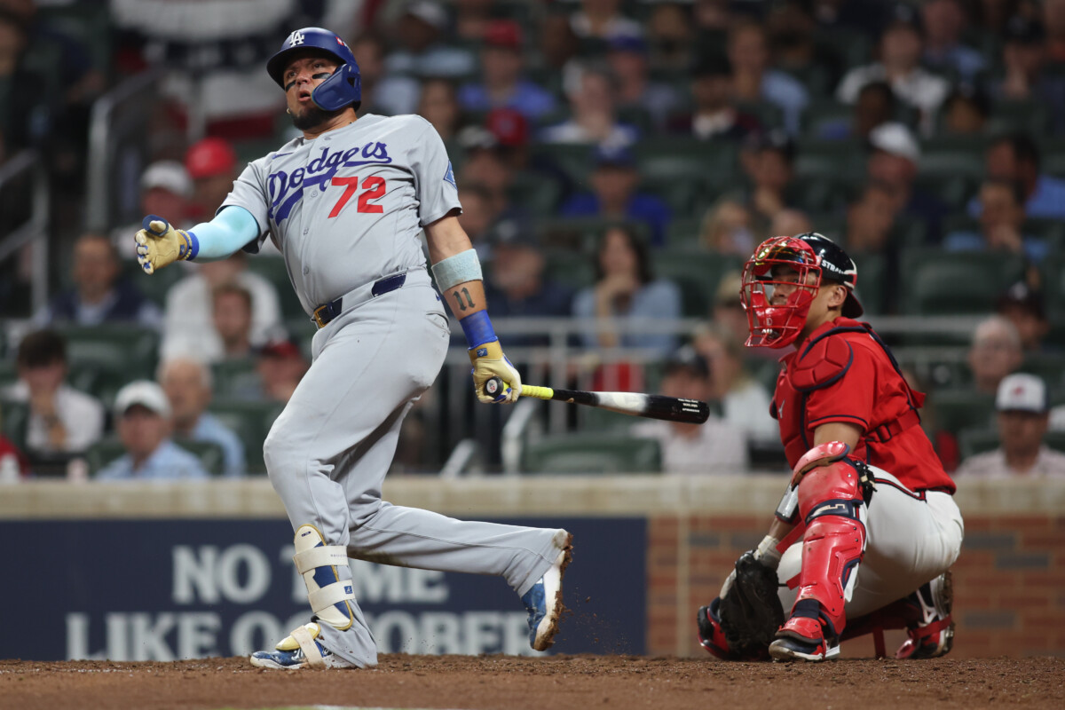 Oct 6, 2026; Cumberland, Georgia, USA;  Los Angeles Dodgers second baseman Miguel Rojas (72) reacts after hitting a foul ball against the Atlanta Braves during the fifth inning in game three of the NLDS for the 2026 MLB Playoffs at Truist Park.  Mandatory Credit: Brett Davis-Imagn Images