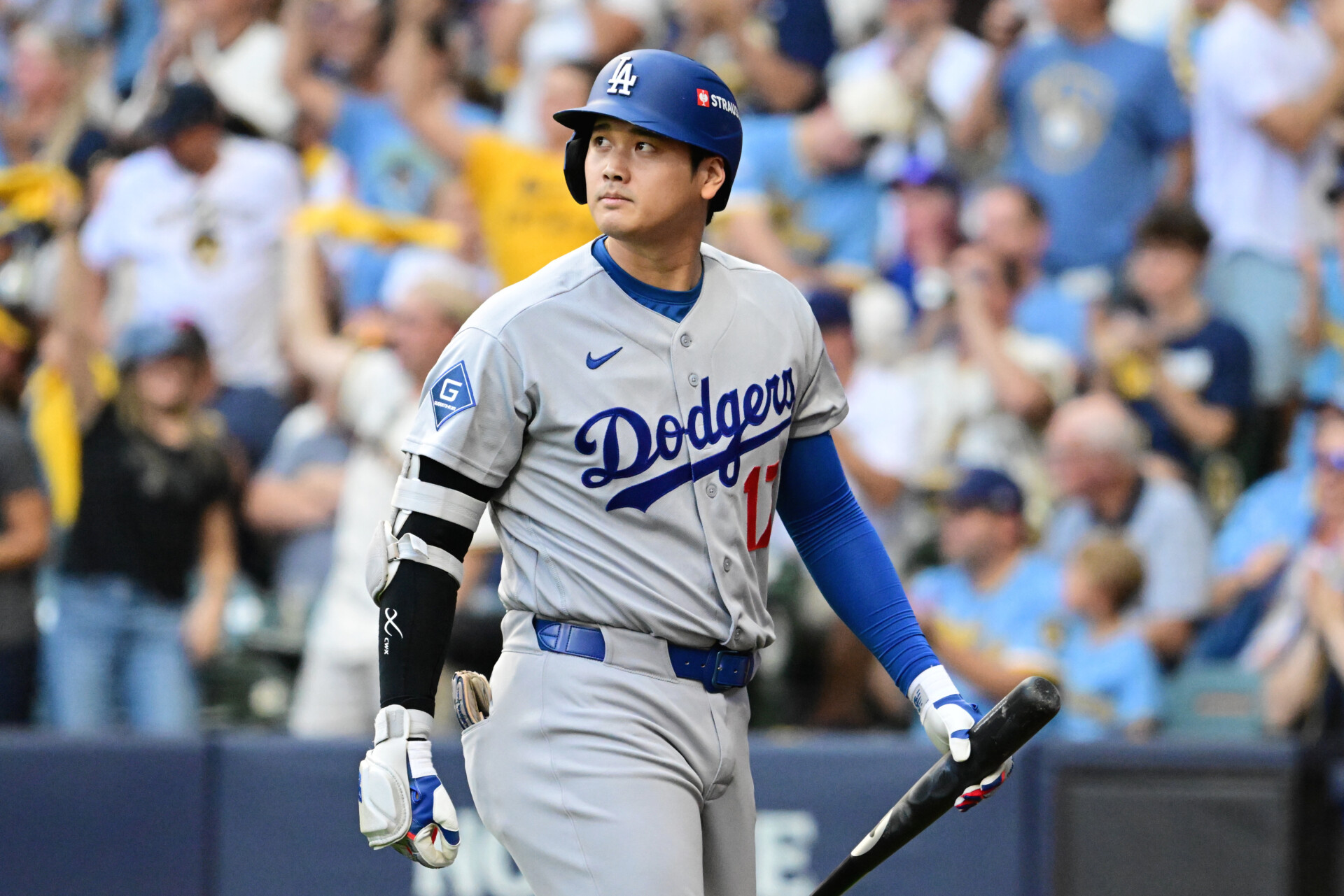 Oct 12, 2026; Milwaukee, Wisconsin, USA;  Los Angeles Dodgers pitcher Shohei Ohtani (17) reacts after striking out against the Milwaukee Brewers during the first inning in game two of the NLCS for the 2026 MLB Playoffs at American Family Field.  Mandatory Credit: Benny Sieu-Imagn Images