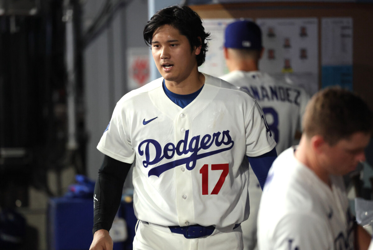 Oct 4, 2026; Los Angeles, California, USA; Los Angeles Dodgers designated hitter Shohei Ohtani (17) reacts after striking out during the seventh inning against the Atlanta Braves in game two of the NLDS for the 2026 MLB Playoffs at Uniqlo Field at Dodger Stadium. Mandatory Credit: Kiyoshi Mio-Imagn Images