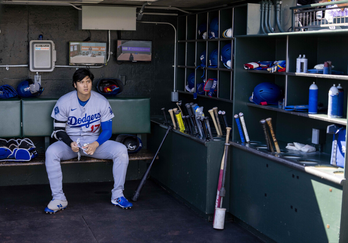 Sep 26, 2026; San Francisco, California, USA; Los Angeles Dodgers designated hitter Shohei Ohtani (17) sits in the dugout before the start of the game against the San Francisco Giants at Oracle Park. Mandatory Credit: Cary Edmondson-Imagn Images