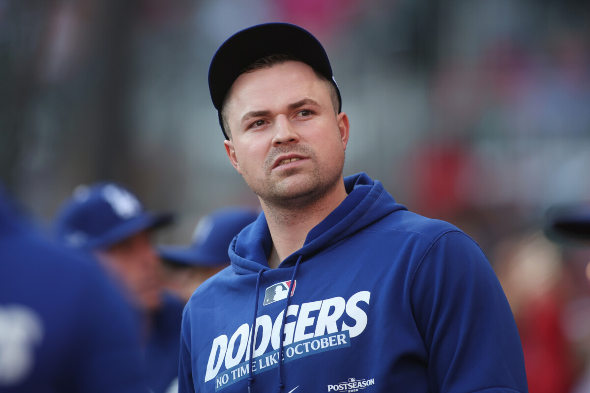 Oct 7, 2026; Cumberland, Georgia, USA; Los Angeles Dodgers pitcher Tarik Skubal (29) looks on before game four against the Atlanta Braves in the NLDS for the 2026 MLB Playoffs at Truist Park. Mandatory Credit: Brett Davis-Imagn Images