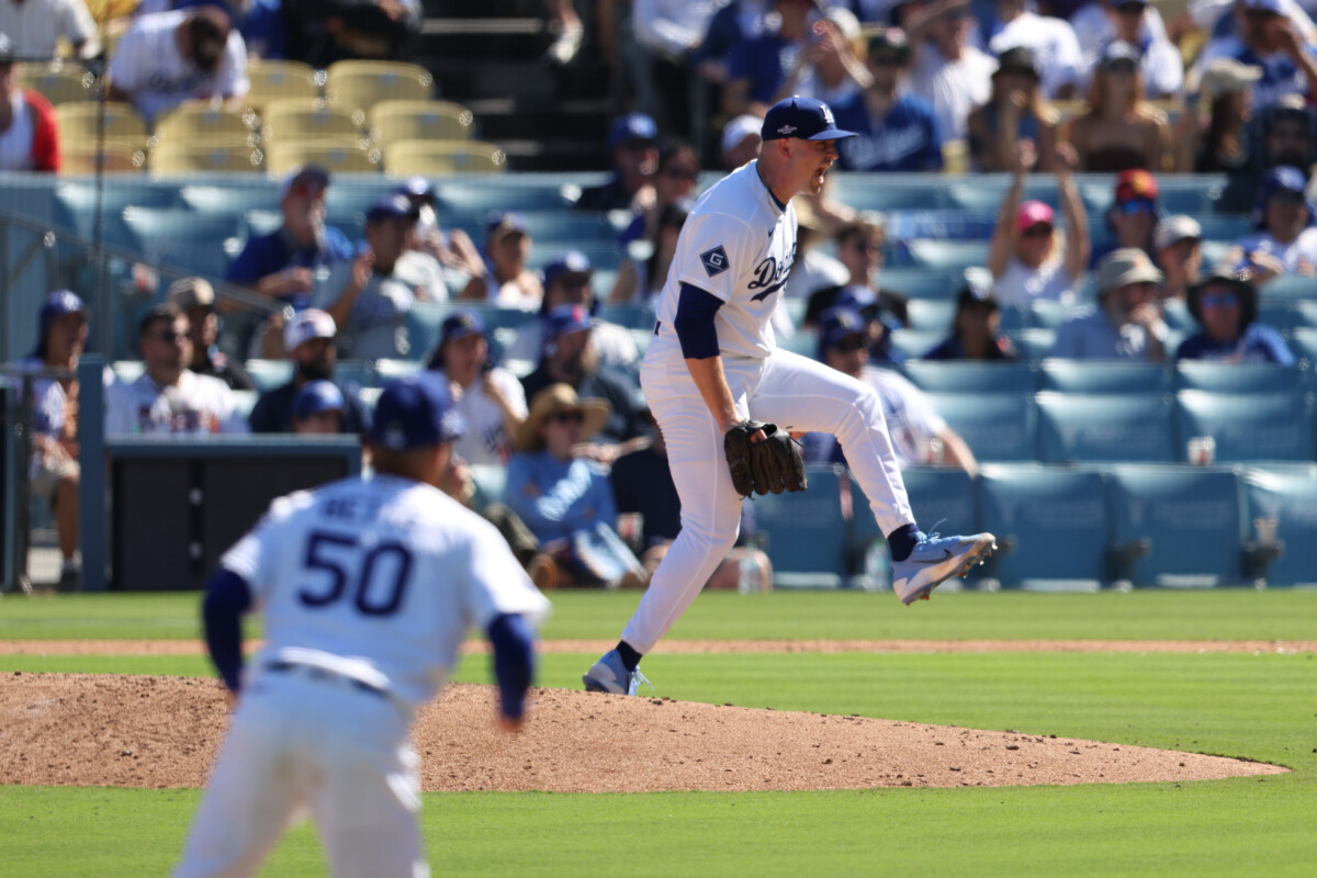 Oct 3, 2026; Los Angeles, California, USA; Los Angeles Dodgers pitcher Tarik Skubal (29) reacts during the fifth inning of game one of the NLDS against the Atlanta Braves for the 2026 MLB Playoffs at Uniqlo Field at Dodger Stadium. Mandatory Credit: Kiyoshi Mio-Imagn Images