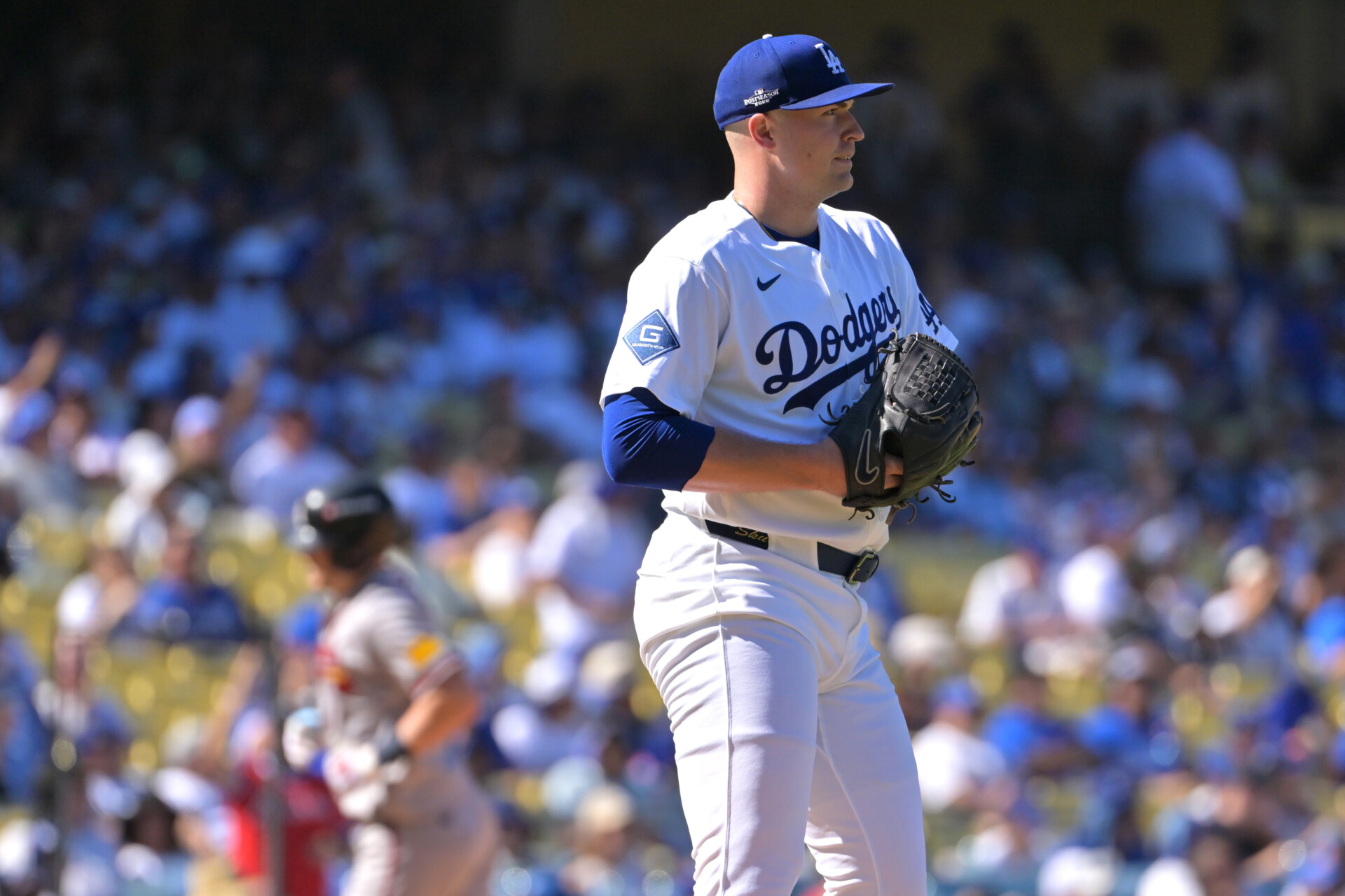 Oct 3, 2026; Los Angeles, California, USA; Los Angeles Dodgers starting pitcher Tarik Skubal (29) looks on from the mound after giving up a solo home run to Atlanta Braves catcher Sean Murphy (12) in game one of the NLDS of the 2026 MLB Playoffs at Uniqlo Field at Dodger Stadium. Mandatory Credit: Jayne Kamin-Oncea-Imagn Images