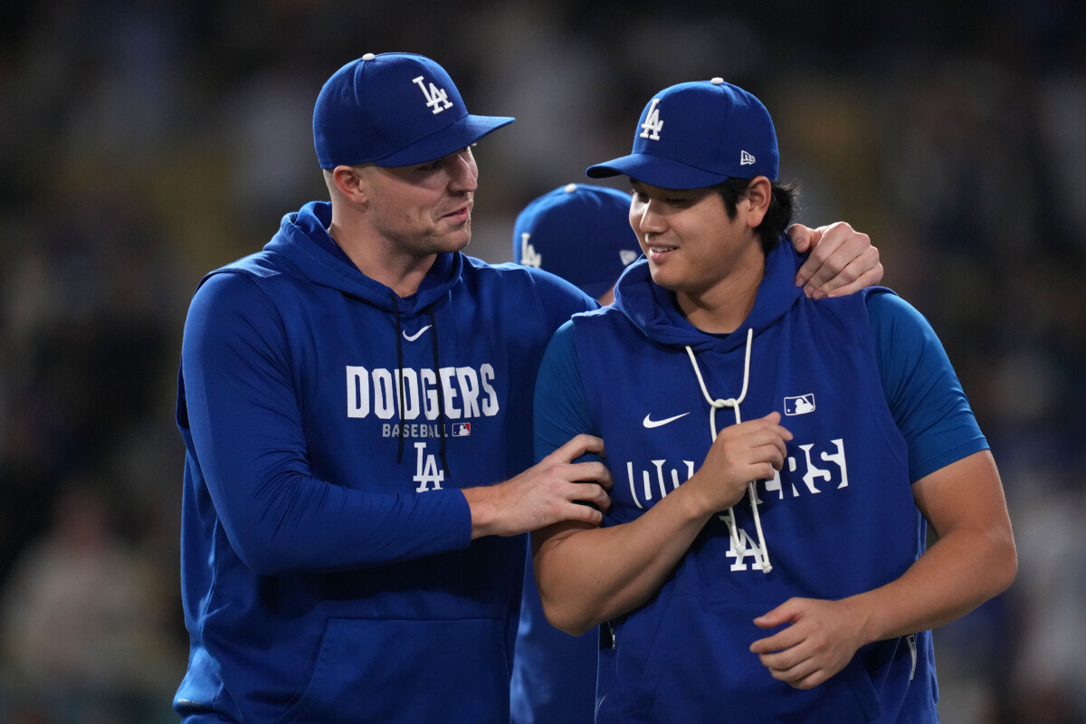 Sep 18, 2026; Los Angeles, California, USA; Los Angeles Dodgers pitcher Tarik Skubal (left) and designated hitter Shohei Ohtani react at the end of the game against the San Francisco Giants at Dodger Stadium. Mandatory Credit: Kirby Lee-Imagn Images