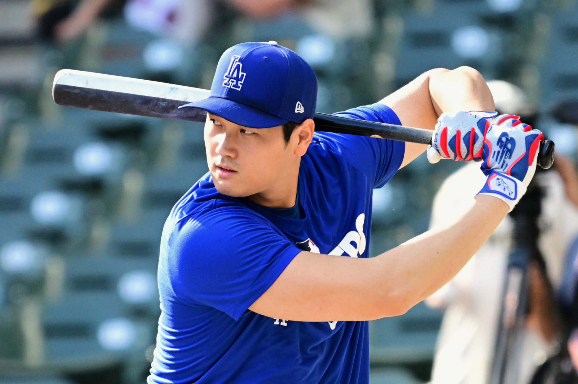 Oct 12, 2026; Milwaukee, Wisconsin, USA;  Los Angeles Dodgers pitcher Shohei Ohtani (17) warms up before game two of the NLCS for the 2026 MLB Playoffs against the Milwaukee Brewers at American Family Field.  Mandatory Credit: Benny Sieu-Imagn Images